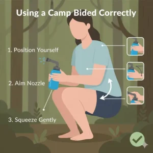 Step-by-step illustration showing the optimal angle and technique for using a camp bidet.