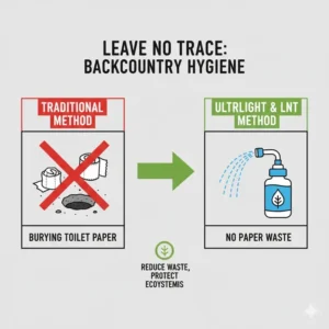 Graphic explaining how the best backpacking bidet helps follow Leave No Trace principles by reducing waste.