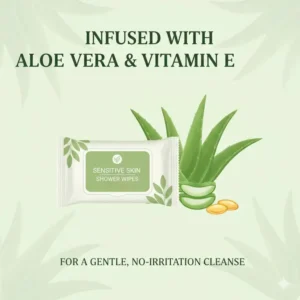 Illustration of shower in a bag wipes with aloe vera and vitamin E for sensitive skin.