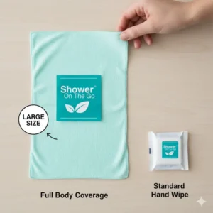 A photograph comparing the generous size of one shower on the go wipes to a standard small towelette, illustrating full-body coverage.