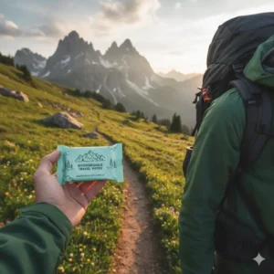 A hiker holds a package of the best wipes for backpacking with a panoramic view of the hiking trail in the background.