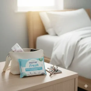 A small pack of body cleansing wipes after surgery packed next to medication, symbolizing their usefulness during post-surgery recovery.