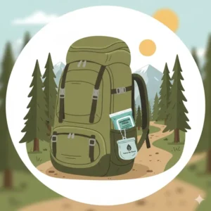 A small, lightweight package of travel-size camping wet wipes tucked into the side pocket of a hiking backpack, showing portability.
