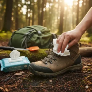 A hand using a wipe to clean mud and grime off a piece of hiking gear, demonstrating the versatility of using wipes for backpacking gear maintenance.