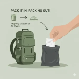 An image instructing hikers to correctly pack out used biodegradable wipes for hiking in a sealed trash bag after use.