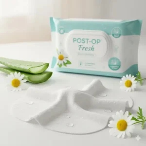Close-up of a textured body cleansing wipes after surgery showing visible moisture, with graphics of soothing ingredients like aloe.