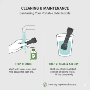 Illustration of the proper way to clean and sanitize the nozzle of your best backpacking bidet.
