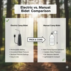 Comparison chart between an electric rechargeable camp bidet and a manual squeeze-bottle.