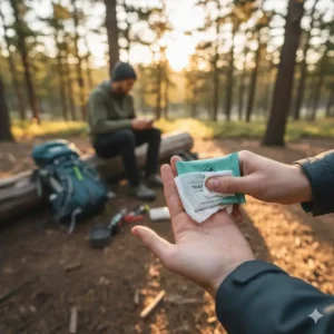 A close-up of a person using one of the best wipes for backpacking to quickly clean their hands before preparing a meal.