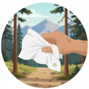 A hand stretching a thick, durable body camping wet wipes to illustrate its tear-resistant quality for full-body cleansing on long hikes.