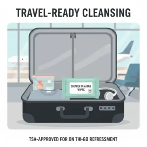 Portable shower in a bag wipes package in a carry-on suitcase for long flights.
