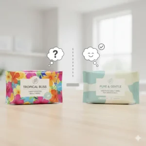 Side-by-side comparison of a scented product next to a packet of the best adult wipes for sensitive skin, emphasizing the unscented option.