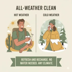 Versatile large body wipes for camping being used in both hot desert and cold mountain climates.