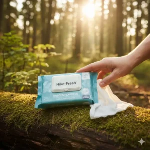 A package of unscented wipes for backpacking with a label highlighting "hypoallergenic" or "sensitive skin" properties.