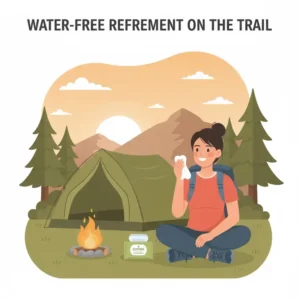 Illustration of a hiker feeling clean and refreshed after using biodegradable wipes for hiking when water is not available.