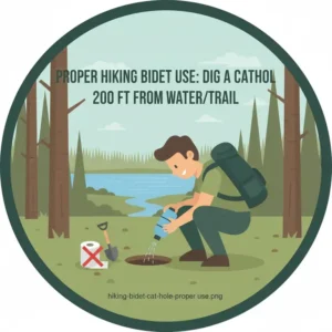 A hiker preparing a cat hole before using their hiking bidet in the woods.