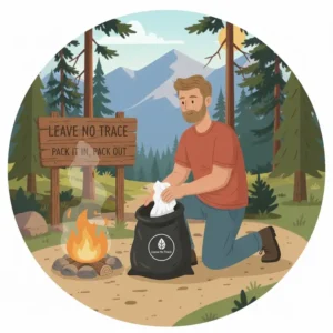 A responsible camper placing a used camping wet wipes into a designated trash bag, following Leave No Trace principles.