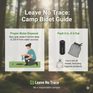 Illustration of Leave No Trace principles showing the proper disposal of water when using a camp bidet.