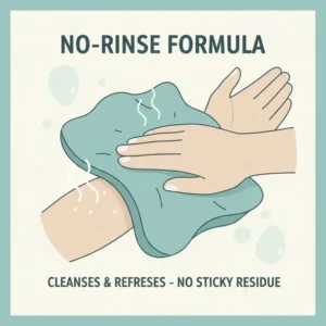 Illustration showing the no-rinse and residue-free formula of shower in a bag wipes.