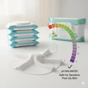 Simple diagram illustrating that body cleansing wipes after surgery are pH balanced for safe and effective skin care.