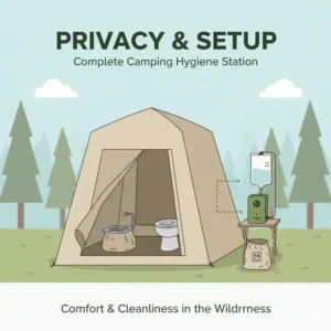 A complete outdoor bathroom setup featuring a privacy tent and the best camping bidet.