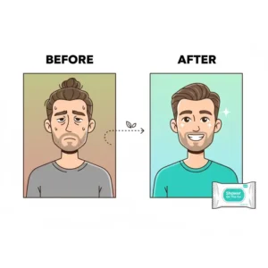 A simple two-panel graphic demonstrating the refreshing feeling—a "before" image and an "after" image of a clean face using shower on the go wipes.