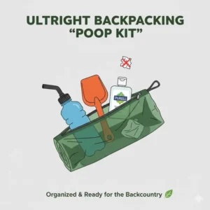 A flat lay of an ultralight hiking hygiene kit including a trowel and the best backpacking bidet.