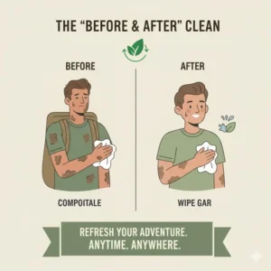 A split-screen graphic showing a hiker removing dirt and sweat effectively with large body wipes for camping.