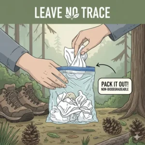 A graphic illustration showing the proper Leave No Trace disposal method for non-biodegradable wipes for backpacking—packing them out in a trash bag.