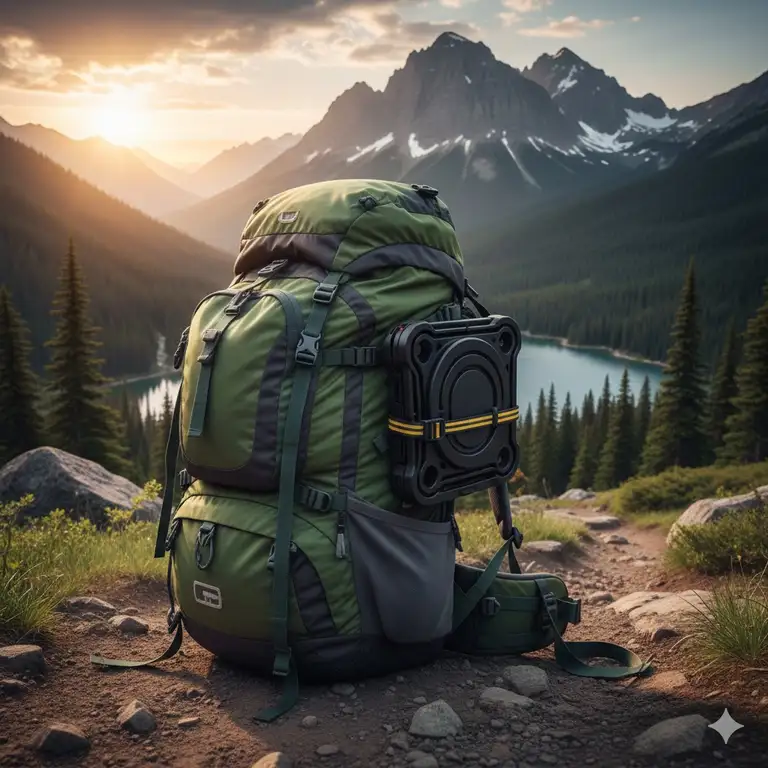 A high-quality portable backpack toilet strapped to a hiking pack in a mountain landscape.