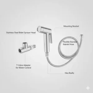 Detailed anatomy diagram showing all components and parts of a professional stainless steel bidet sprayer kit.