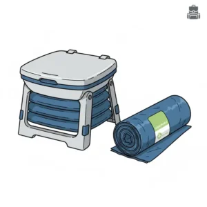 Illustration of a compact folding portable toilet and bags for easy storage and transport.