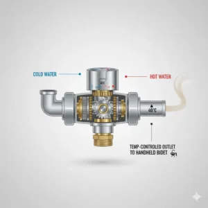 Diagram showing the mixing valve for a handheld bidet with warm water to control temperature.