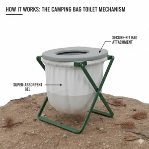 Instructional diagram showing how to attach a liner to a camping bag toilet.