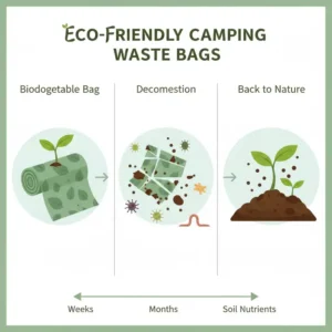 An infographic showing the breakdown process of compostable and biodegradable camping waste bags.