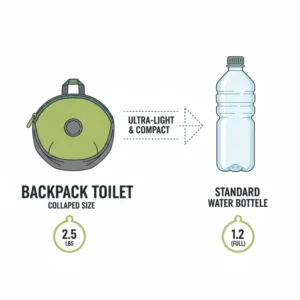 A weight comparison between a compact backpack toilet and a standard water bottle.