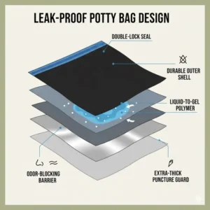 Illustration showing the multi-layer construction of leak-proof potty bags for camping.