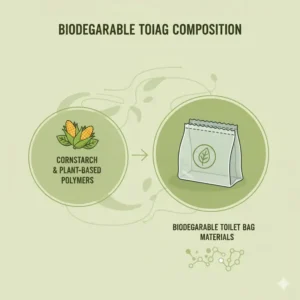 An infographic showing the cornstarch and plant-based materials used to manufacture biodegradable toilet bags.