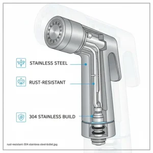 Close-up view of the premium 304 grade material used in this stainless steel bidet spray.