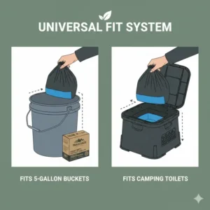 Diagram showing how universal fit portable loo bags compatible with standard five-gallon buckets.