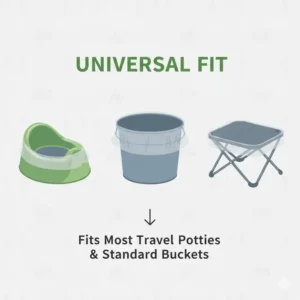 Illustration showing how portable potty bags fit various sizes of toddler travel potties and standard buckets.