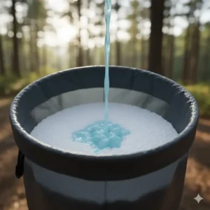 Pouring liquid into portable toilet bags camping featuring super absorbent polymer gel technology.