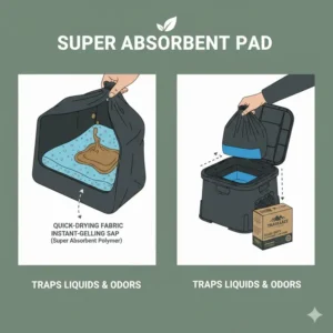 Close-up illustration of the interior absorbent pad within the portable loo bags.