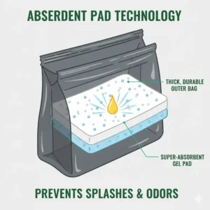 Cross-section diagram of a portable potty bags featuring a super-absorbent gel pad to prevent splashes.