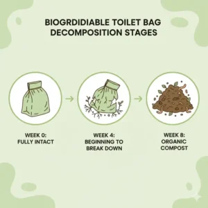 A diagram illustrating the natural decomposition stages of biodegradable toilet bags turning into compost.