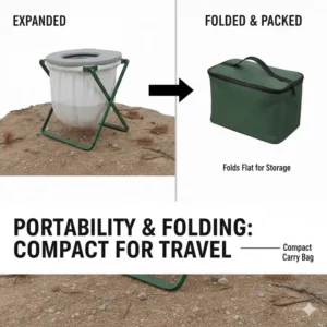 A portable and foldable camping bag toilet shown in its compact storage state.