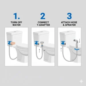Step-by-step visual guide on how to properly install a stainless steel bidet to a standard toilet tank.