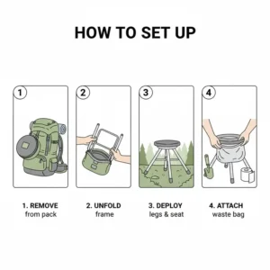 A step-by-step guide showing how to quickly set up a foldable backpack toilet.