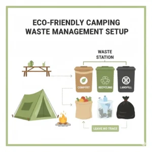 A diagram illustrating a clean campsite layout with designated stations for camping waste bags and recycling.