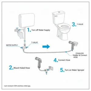 Step-by-step diagram showing how to install the stainless steel bidet spray to the water valve